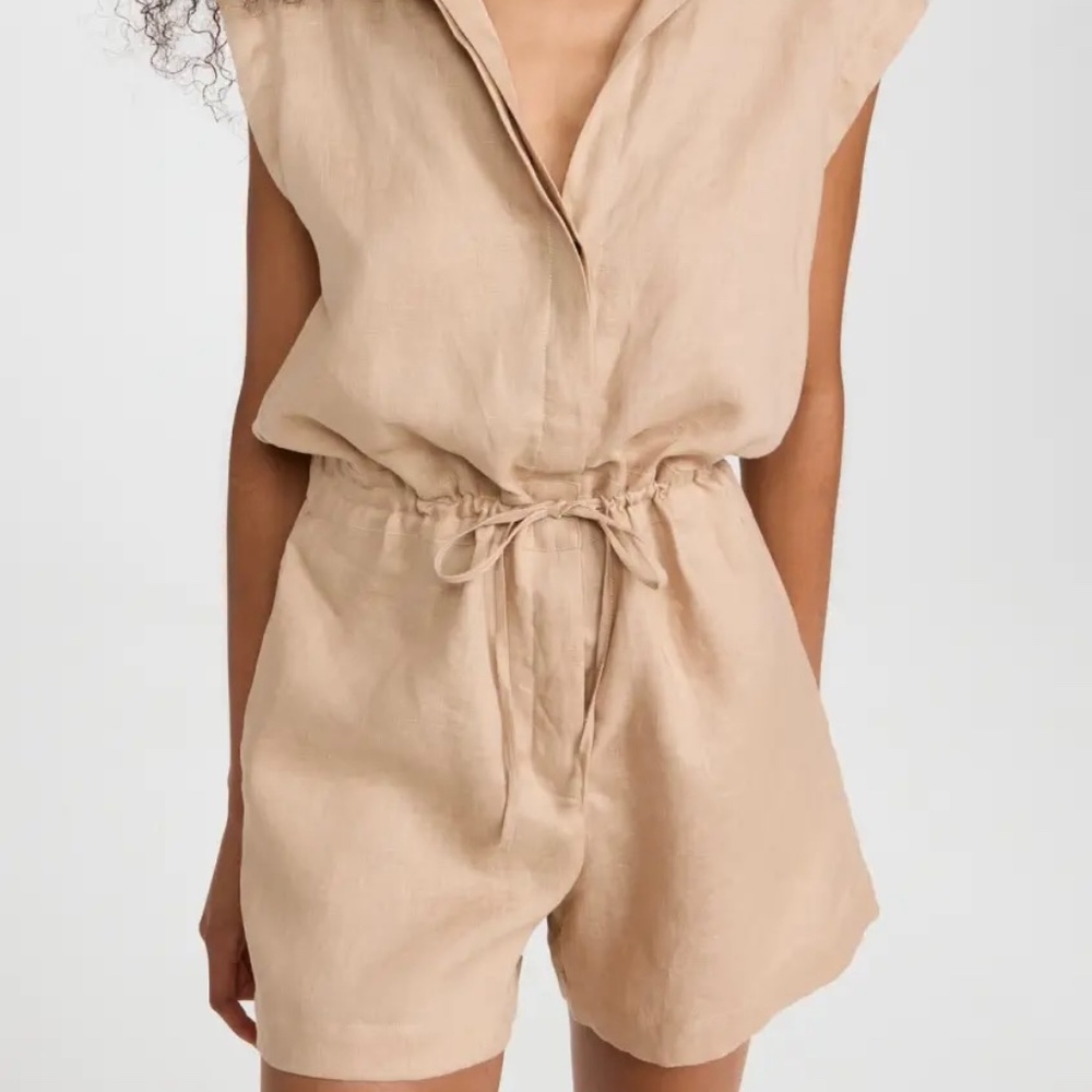 SWF Sleeveless Drawsting Tan Linen Romper with Pockets - XS